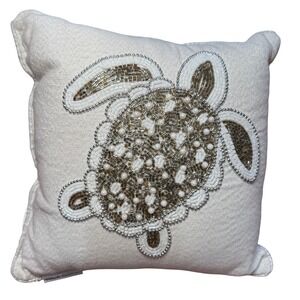 Beaded Sea Turtle Throw Pillow Coastal Beach Boho Neutral Home Decor 12x12